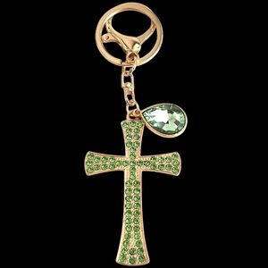 Green Crystal Cross Bag Charm / Keychain with Teardrop Charm